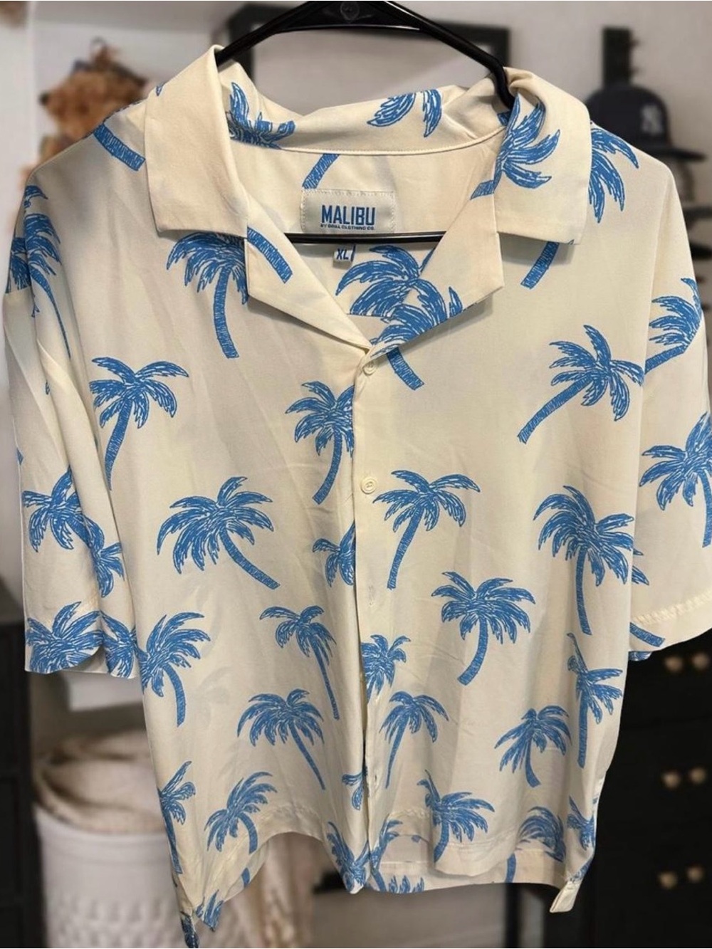 Malibu Cream Short-Sleeve Shirt with Blue Palm Print